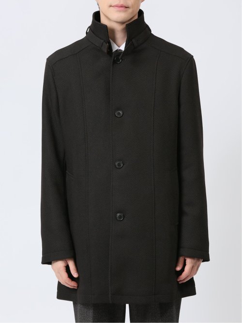 撥水 スタンドカラーコート ヘリンボン茶