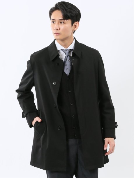 撥水 ステンカラーコート ヘリンボン黒