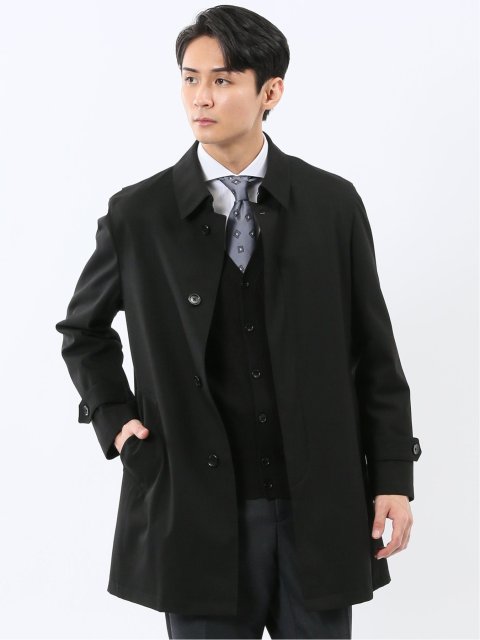 撥水 ステンカラーコート ヘリンボン黒