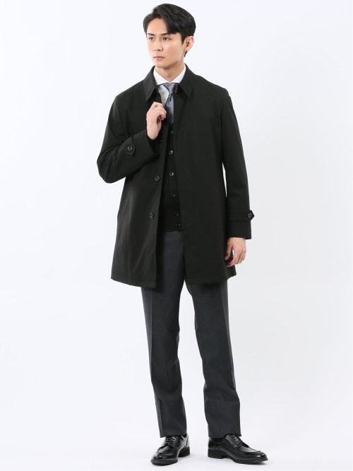 撥水 ステンカラーコート ヘリンボン黒