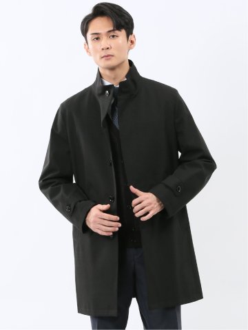 撥水 スタンドカラーコート ヘリンボン黒