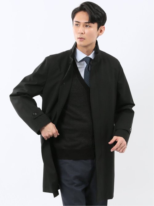 撥水 スタンドカラーコート ヘリンボン黒