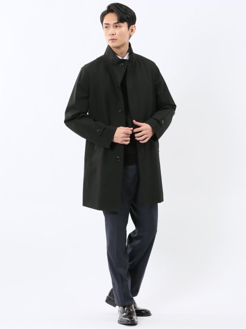 撥水 スタンドカラーコート ヘリンボン黒