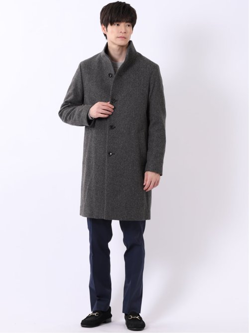 コート メンズ スタンドカラー 4ボタン ロング 尾州 ウール混 カルゼ
