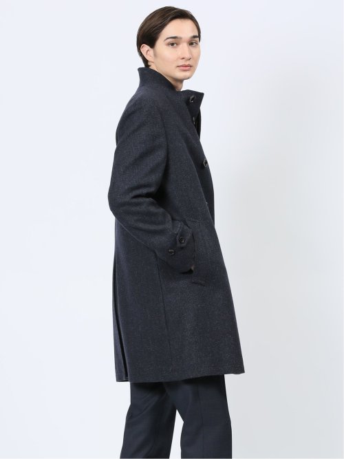 ウール混 スタンドコート 組織紺