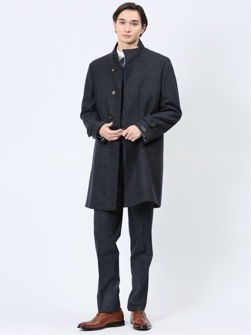 ウール混 スタンドコート 組織紺