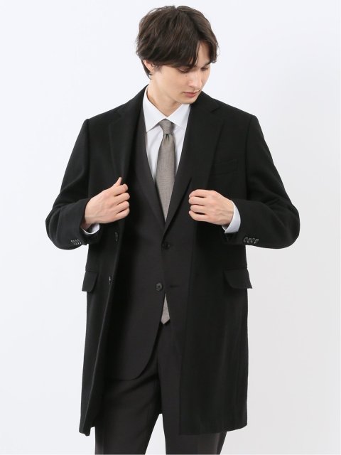 ウール混 チェスターコート 無地黒
