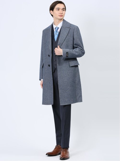 ウール混 ポロコート 組織青