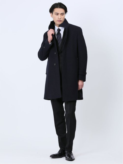 ウール混 スタンドコート 紺