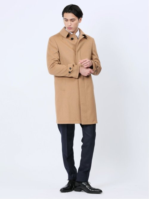 カシミヤアンゴラ混ウール ステンカラーコート キャメル