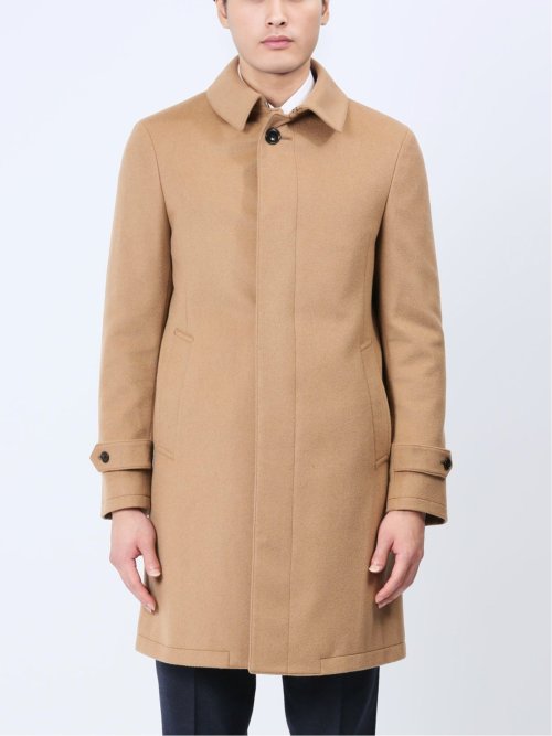 カシミヤアンゴラ混ウール ステンカラーコート キャメル
