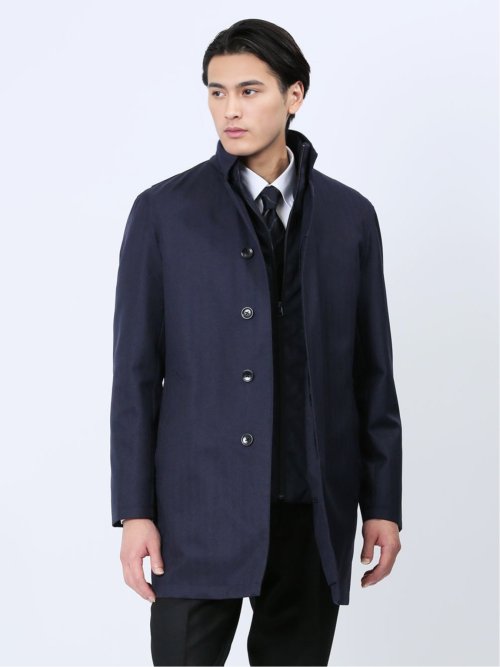 ライナー付 ウィングカラーコート へリンボン紺
