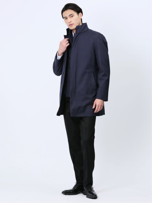 ライナー付 ウィングカラーコート へリンボン紺
