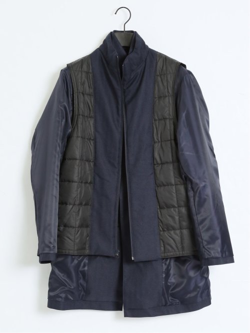 ライナー付 ウィングカラーコート へリンボン紺