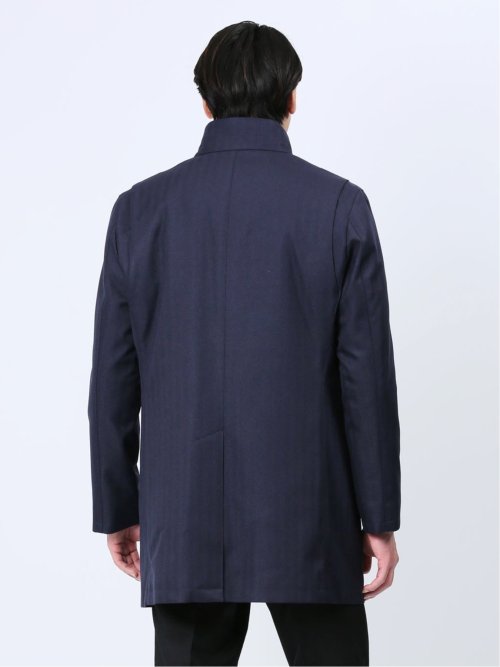 ライナー付 ウィングカラーコート へリンボン紺