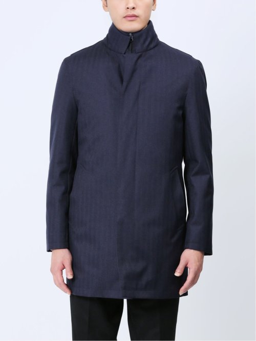 ライナー付 ウィングカラーコート へリンボン紺