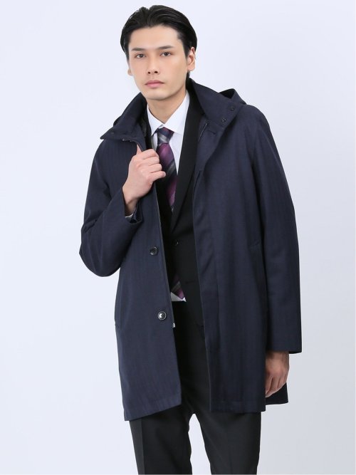 3WAY フーデッドコート へリンボン紺