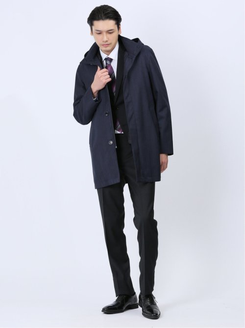 3WAY フーデッドコート へリンボン紺