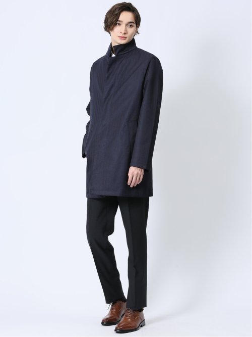 防風 ウィングカラーコート へリンボン紺