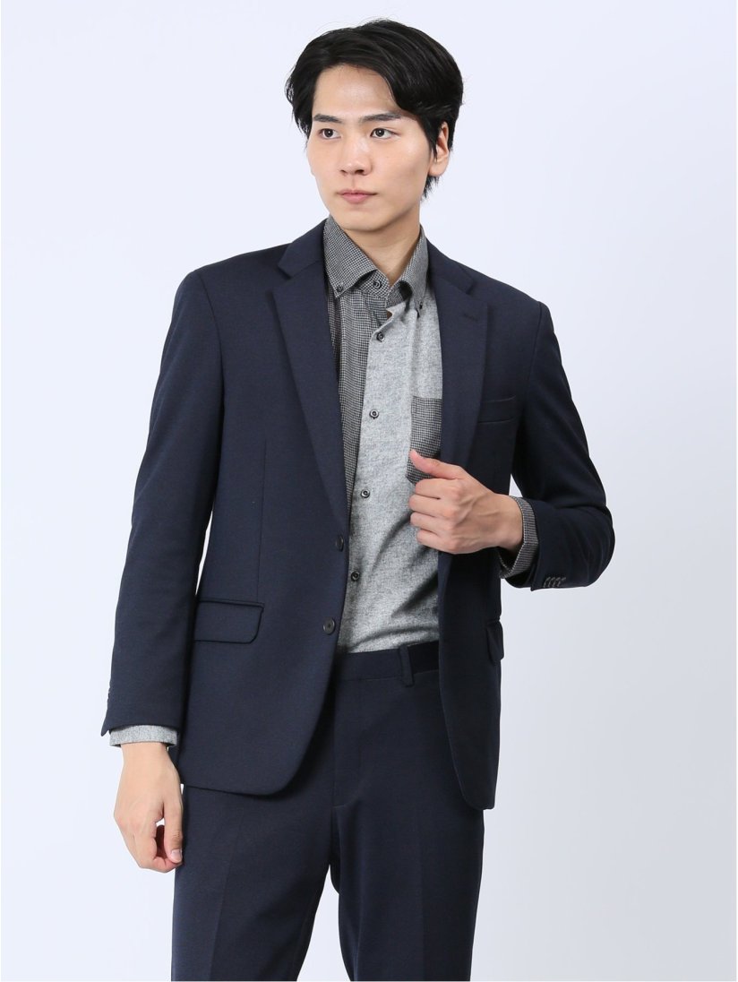 ストレッチジャージ スリムフィット 2ボタンジャケット 紺  