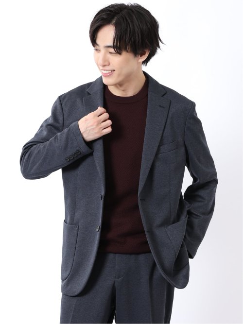 ジャケット メンズ ビジネス セットアップ可能 ストレッチ ウォッシャブル レギュラー 2ボタン テーラード メランジ ジャージ 紺