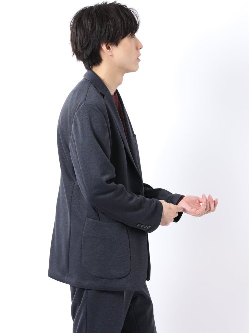 ジャケット メンズ ビジネス セットアップ可能 ストレッチ ウォッシャブル レギュラー 2ボタン テーラード メランジ ジャージ 紺