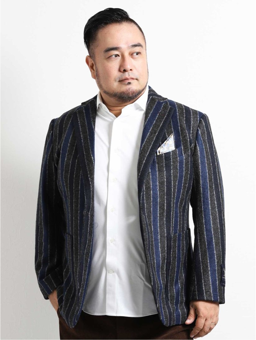 大きいサイズ ジーステージ G Stage ストレッチジャージ ストライプ柄2ボタンジャケット Gb 2l 75紺 ジャケット アウター Taka Q Online Shop タカキューオンラインショップ 公式通販