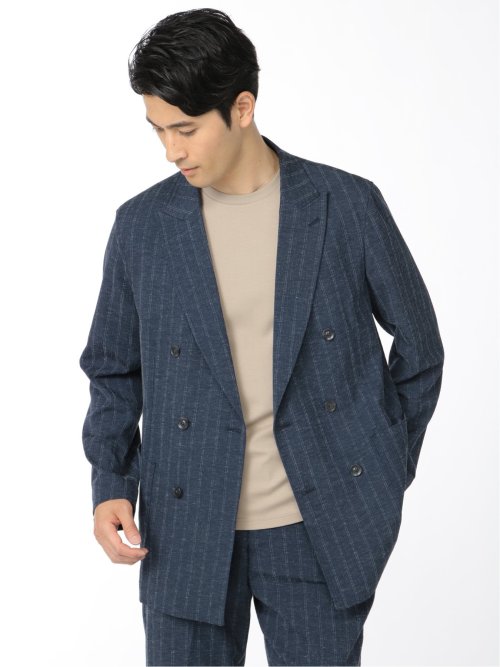 リネン混ストライプ ダブルジャケット(セットアップ可能)
