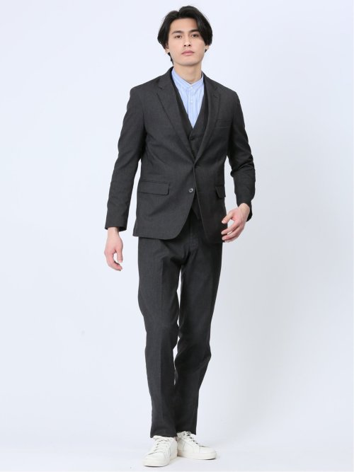 クロスストレッチ スリムフィット 2ボタンジャケット デニム風黒(セットアップ可能)