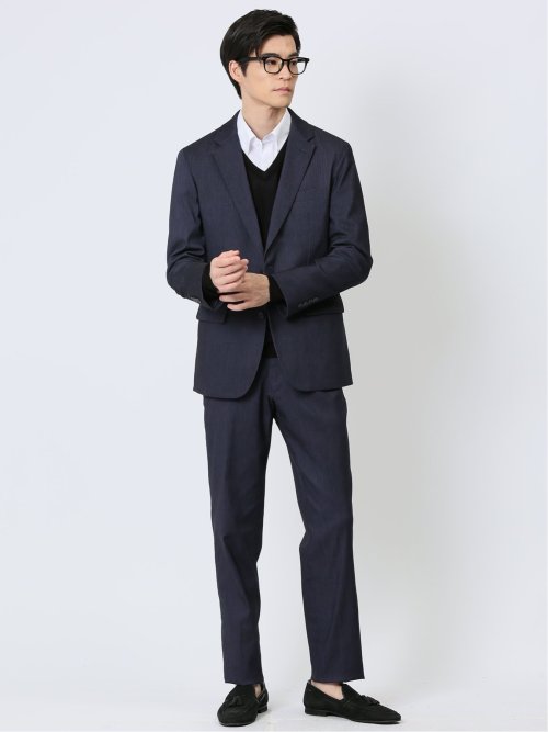 クロスストレッチ スリムフィット 2ボタンジャケット ヘリンボン紺(セットアップ可能)