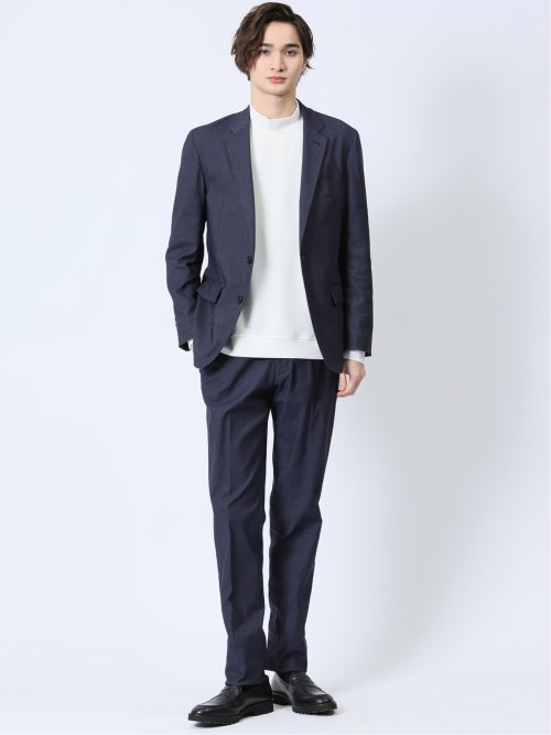 ストレッチ スリムフィット 2ボタンジャケット デニム風紺(セットアップ可能)
