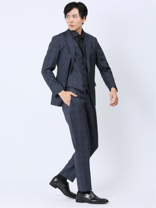 TECH-MOVE スリムフィット 2ボタンジャケット チェック紺(セットアップ可能)