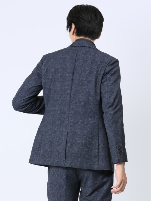 TECH-MOVE スリムフィット 2ボタンジャケット チェック紺(セットアップ可能)