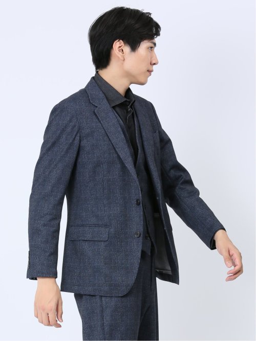 TECH-MOVE スリムフィット 2ボタンジャケット チェック紺(セットアップ可能)