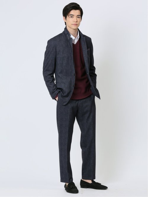 TechMove スリムフィット 衿ベルト2ボタンジャケット チェック紺(セットアップ可能)