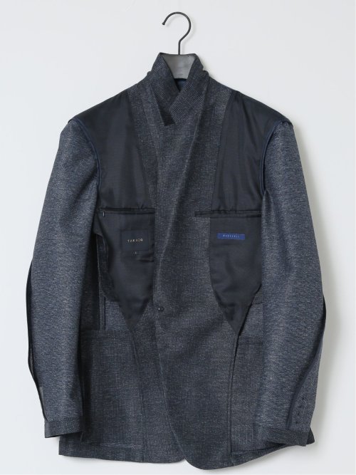 TechLinen スリムフィット 2ボタンジャケット チェック紺(セットアップ可能)