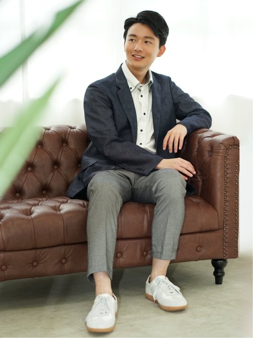 TechLinen スリムフィット 2ボタンジャケット チェック紺(セットアップ可能)