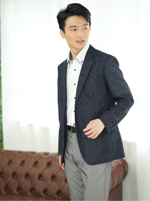 TechLinen スリムフィット 2ボタンジャケット チェック紺(セットアップ可能)