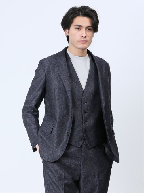TechLinen スリムフィット 2ボタンジャケット チェック紺(セットアップ可能)
