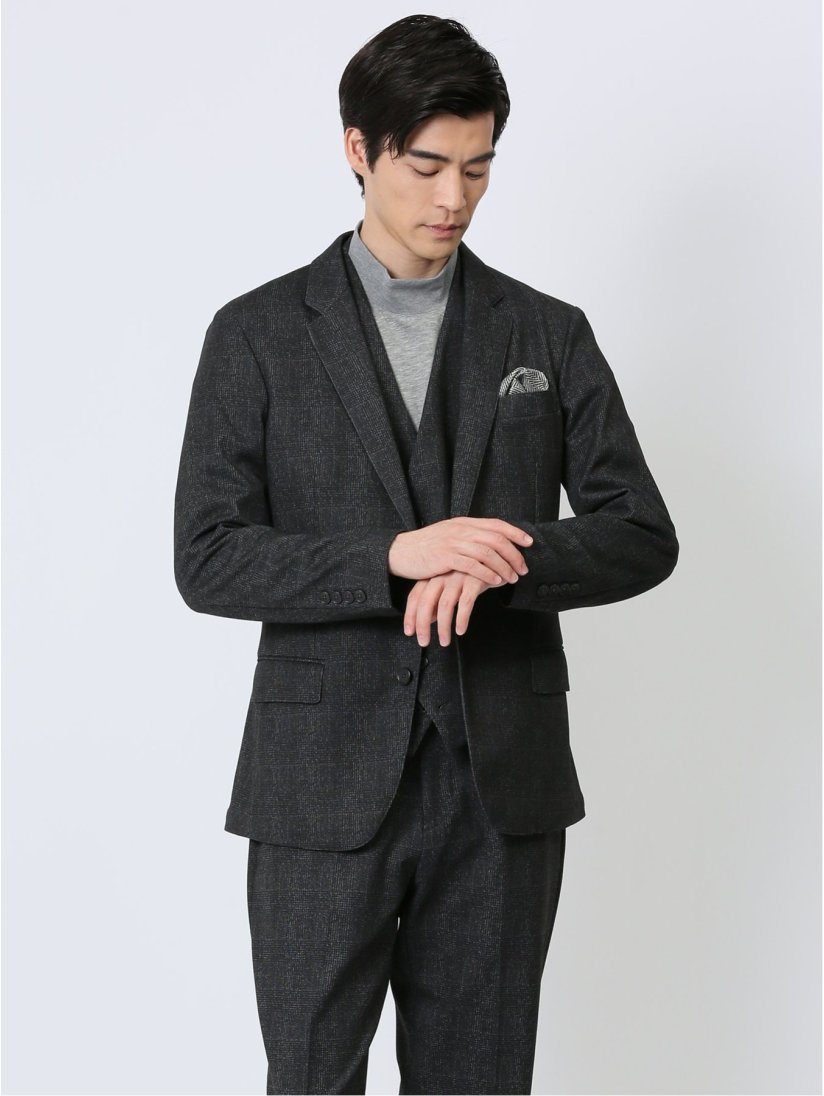TechMove スリムフィット 2ボタンジャケット チェックグレー  