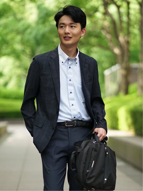 TechCool スリムフィット 2ボタンジャケット チェック紺(セットアップ可能)