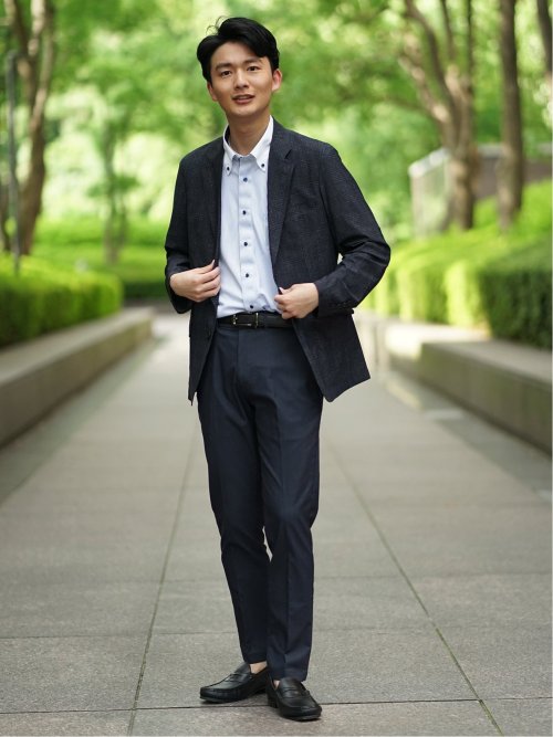 TechCool スリムフィット 2ボタンジャケット チェック紺(セットアップ可能)