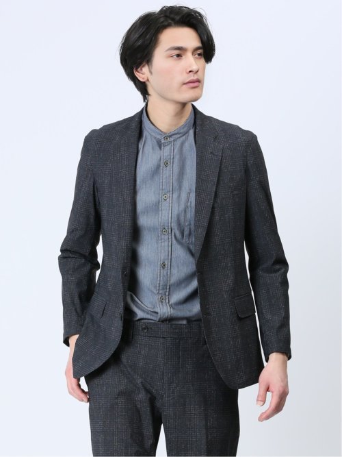 TechCool スリムフィット 2ボタンジャケット チェック紺(セットアップ可能)