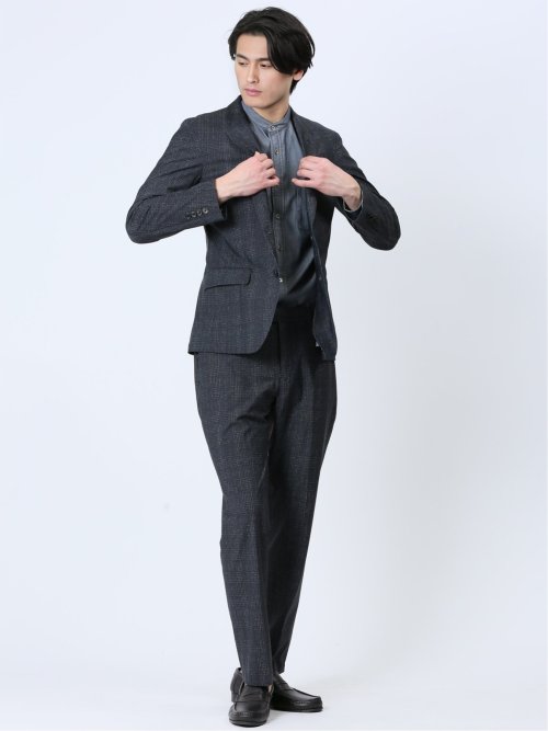 TechCool スリムフィット 2ボタンジャケット チェック紺(セットアップ可能)