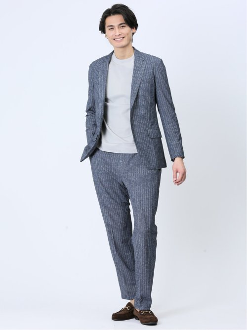 TechDenim スリムフィット 2ボタンジャケット ストライプ青(セットアップ可能)