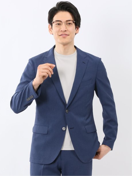 リネン調 スリムフィット 2ボタン ジャケット 青(セットアップ可能)