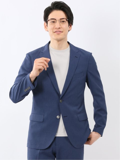リネン調 スリムフィット 2ボタン ジャケット 青(セットアップ可能)