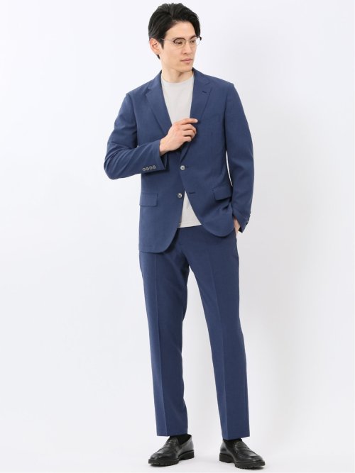 リネン調 スリムフィット 2ボタン ジャケット 青(セットアップ可能)