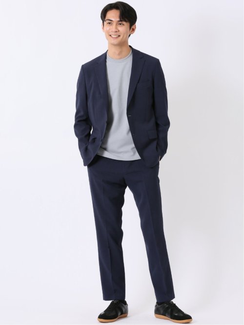 リネン調 スリムフィット 2ボタン ジャケット 紺(セットアップ可能)