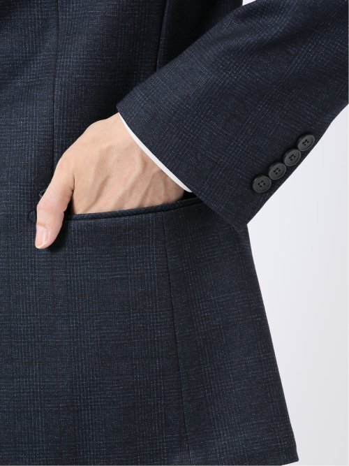 ジャケット メンズ ビジネス セットアップ可能 ストレッチ ウォッシャブル スリム 2ボタン テーラード チェック 紺 テックムーブ